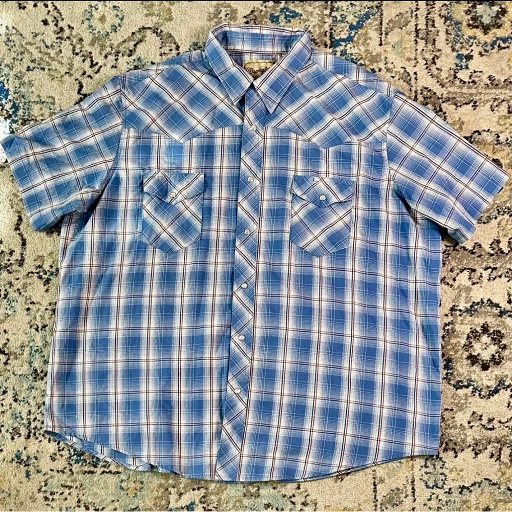 Wrangler Pearl Snap Shirt Mens 2XL Button Up Blue Plaid Western Short Sleeve